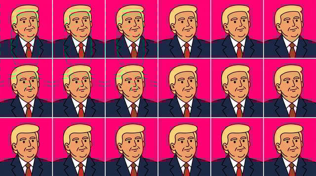 Custom cm doodle vector portrait of Donald Trump repeated in a grid pattern against a bright pink background.