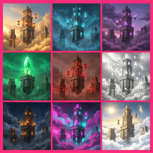 Interior exterior stylizer fantasy architecture of floating stone towers with glowing crystals and lanterns in dramatic skies.