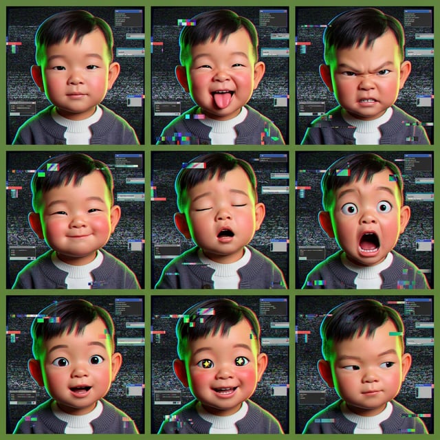 Photo to glossy 3d cartoon expression grid with glitchcore digital decay shows a baby boy displaying various emotions.