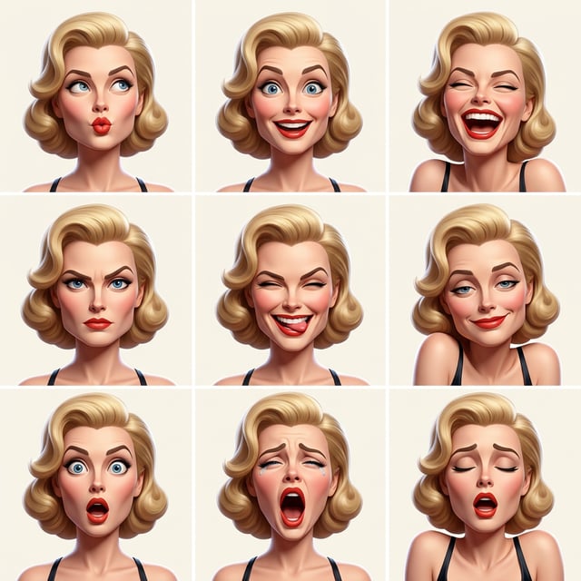 Photo to glossy 3d cartoon expression grid of a blonde woman showing various satirical editorial toon emotions.