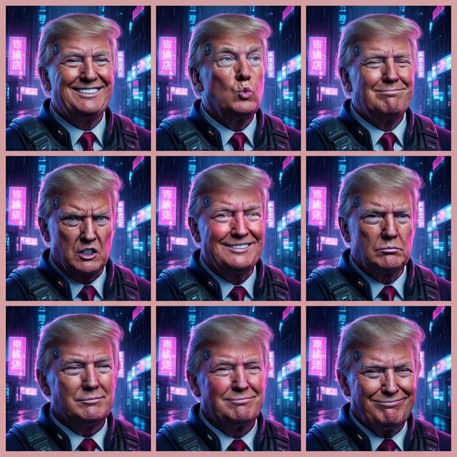 Photo to glossy 3d cartoon expression grid of Donald Trump in cyberpunk neon dystopia city with varied emotions.