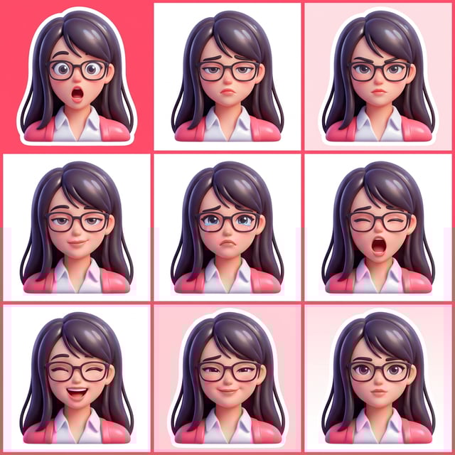 AI sticker maker 3D bubble style shows a woman with glasses in nine different expressive poses.