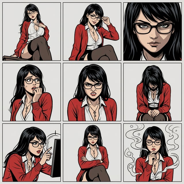 Book cover illustration in graphic novel style featuring a woman with glasses in various emotional poses. graphic novel cover
