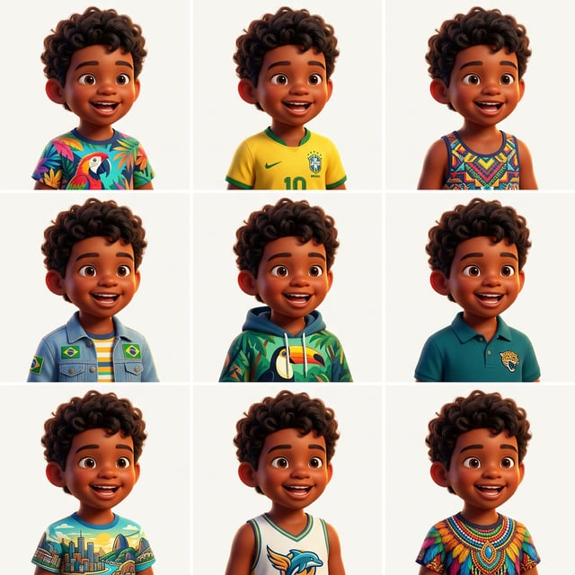Pixar 3D cartoon boy with curly hair and various Brazilian-themed outfits, smiling against a white background. brazilian boy