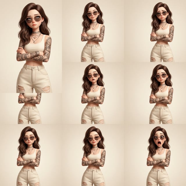 Photo to glossy 3d cartoon expression grid of an edgy Pixar-style girl showing various emotions with arms crossed. pixar fullbody edgy