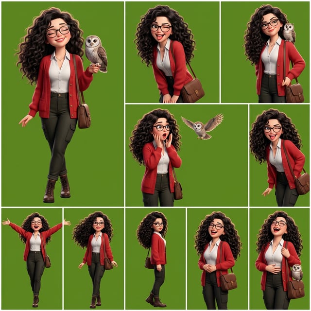 Photo to glossy 3d cartoon expression grid of a woman with an owl, pixar fullbody variant pack.