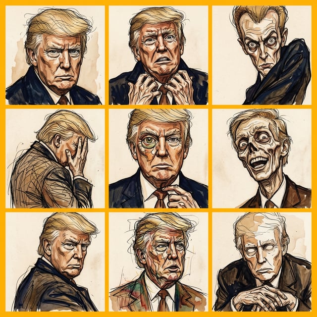 Fine art painting expressionist egon schiele style portraits of Donald Trump showing various emotions and transformations.