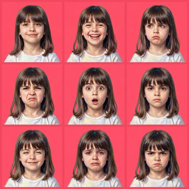 Impressionist cartoon art styles show a young girl displaying nine different emotions against a vibrant pink background. art styles cartoon