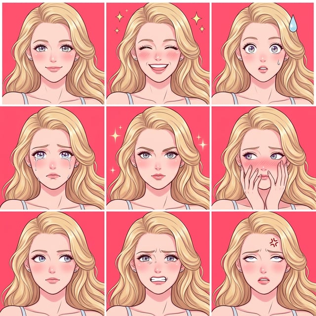 Anime manga illustration of a blonde woman showing various shojo romance emotions against a pink background.