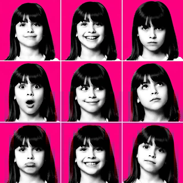 Typographic art dot matrix portrait of a young girl displaying various facial expressions on a vibrant pink background.