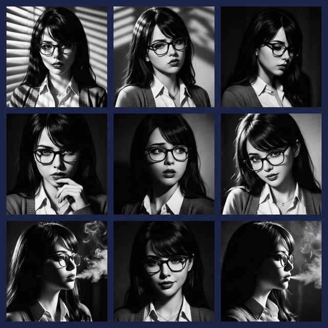 Retro vintage photo in film noir 1940s style of a young woman with glasses and dramatic lighting.