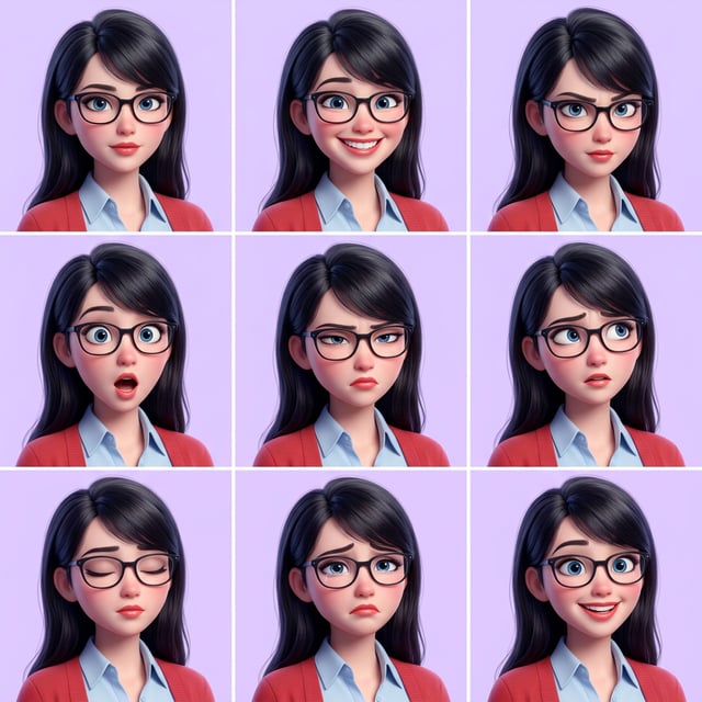 Pixar 3D cartoon girl with glasses shows various European girl expressions against a light purple background.