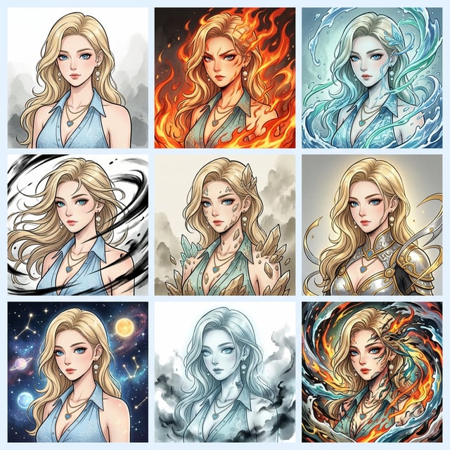 Cartoon style Chinese donghua cartoon portraits of a blonde woman with various elemental and cosmic backgrounds.