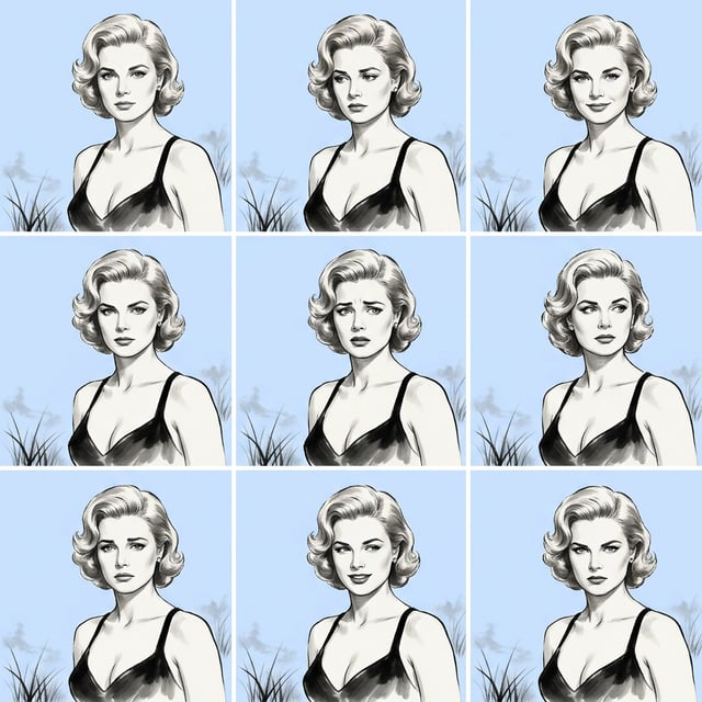 Fine art painting in Chinese ink style of a woman with blonde hair and various expressions against a blue sky. chinese ink painting