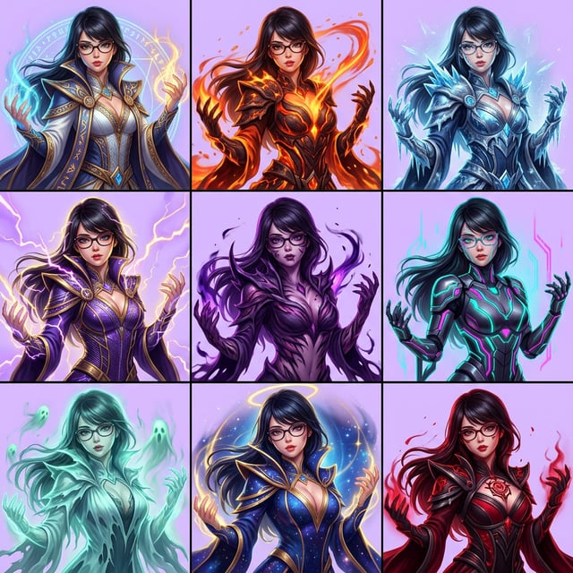 Game character art in League of Legends splash style featuring a woman with glasses in various elemental and futuristic outfits.