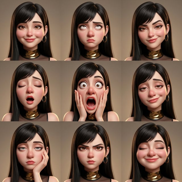 Photo to glossy 3d cartoon expression grid of a woman with exaggerated grotesque comedy caricature faces.