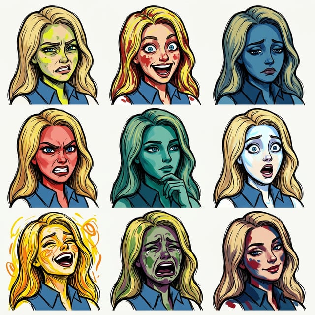 Expressionist cartoon art styles show a woman's diverse emotions with bold colors and dramatic facial expressions. art styles cartoon