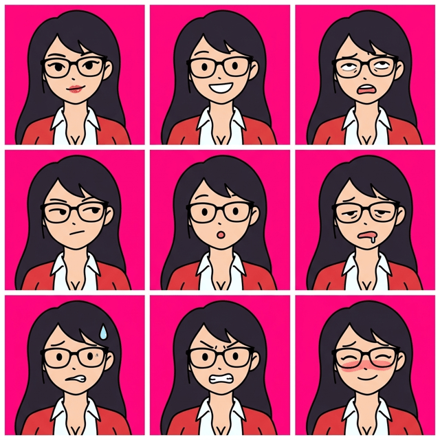 Custom cm doodle vector portrait 2 shows a woman with glasses expressing nine different emotions against a pink background.