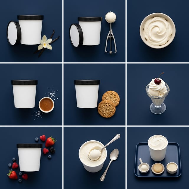 Product photography stylizer flat lay overhead of vanilla ice cream containers with various toppings and accompaniments.