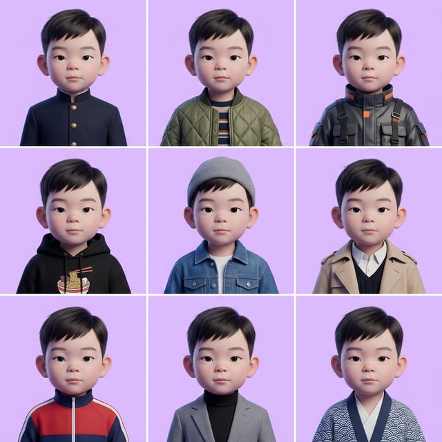 Pixar 3d cartoon boy portraits of a Japanese boy in various outfits against a light purple background.