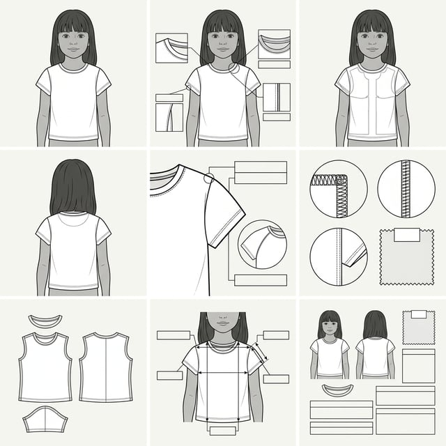 Fashion editorial illustration in a fashion flat technical style showing children's t-shirt construction details and measurements.