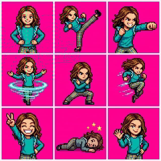 Pixel art converter arcade cabinet art of a girl in various action poses on a bright pink background.