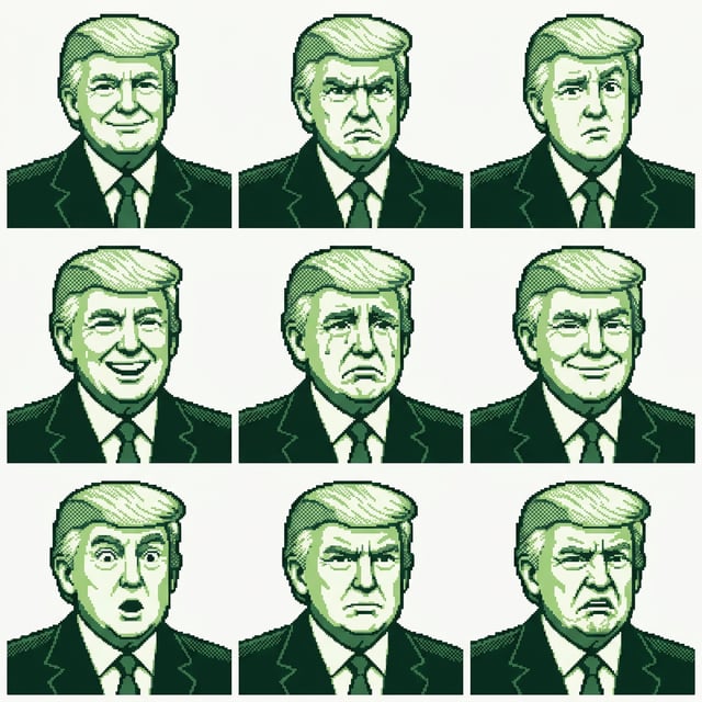 Pixel art converter gameboy 4color portraits of Donald Trump showing various facial expressions and emotions.