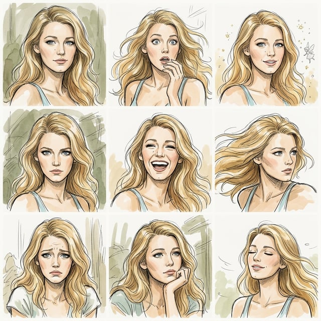 Anime manga illustration in a ghibli sketch rough style of a woman's face showing various emotions.