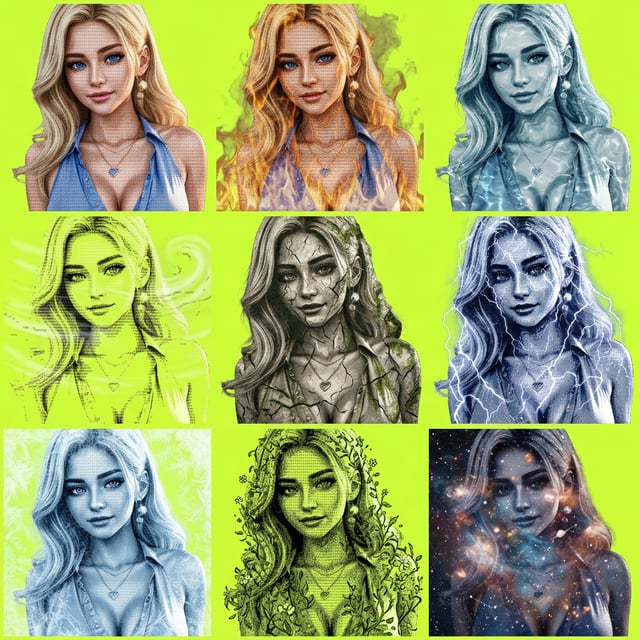 Typographic art ascii art portrait of a woman with diverse elemental and cosmic effects, showcasing creative digital manipulation.