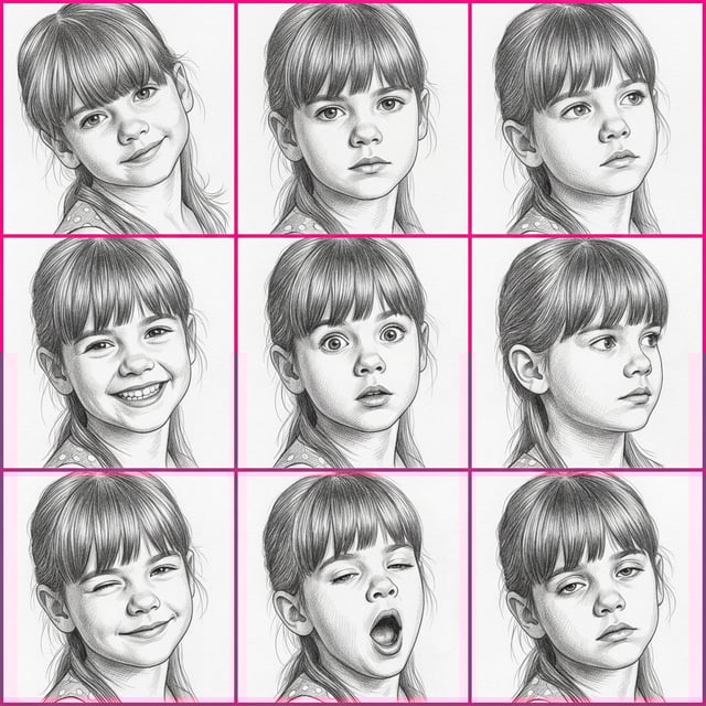 Sketch lineart pencil sketch portrait of a young girl displaying various emotions in a nine-panel grid composition.