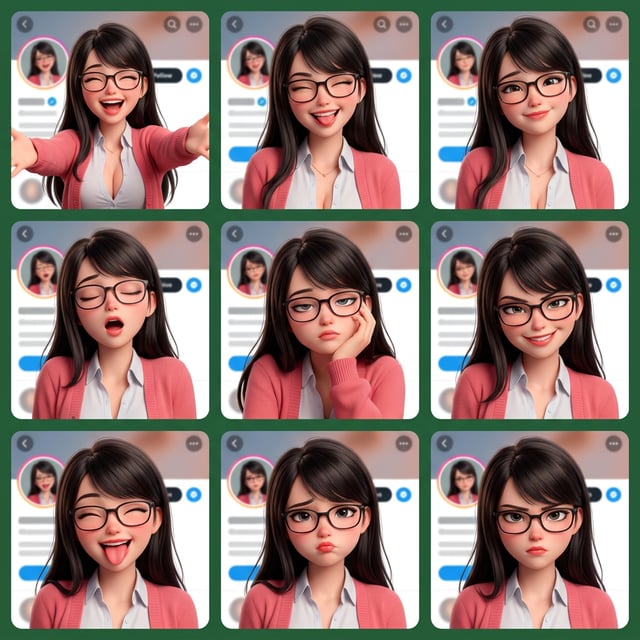 Photo to glossy 3d cartoon expression grid of a woman showing various emotions for social profile scenes. social profile scene 3d