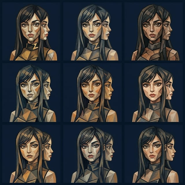 Cubist cartoon art style portraits of a woman with geometric facial features and multiple perspectives shown. art styles cartoon