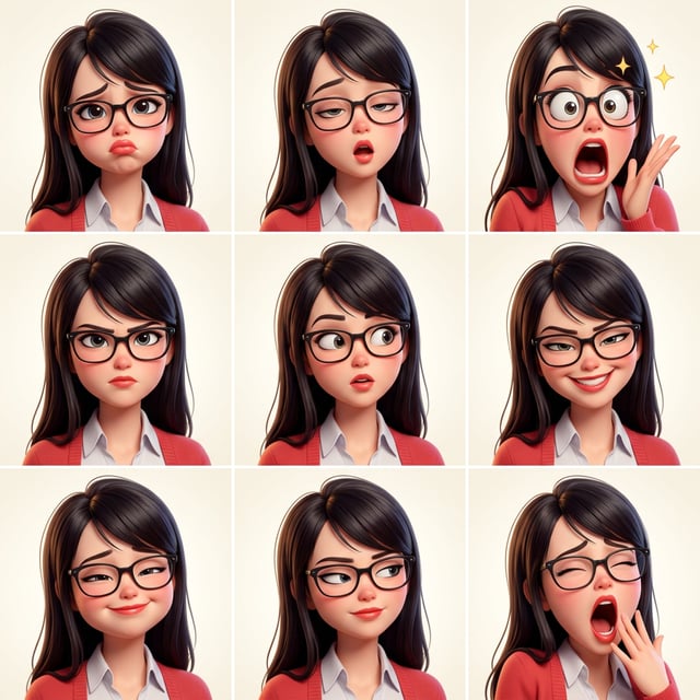 Photo to glossy 3d cartoon expression grid of a woman with glasses showing nine different emotions in a toon stretch squash 3d style.