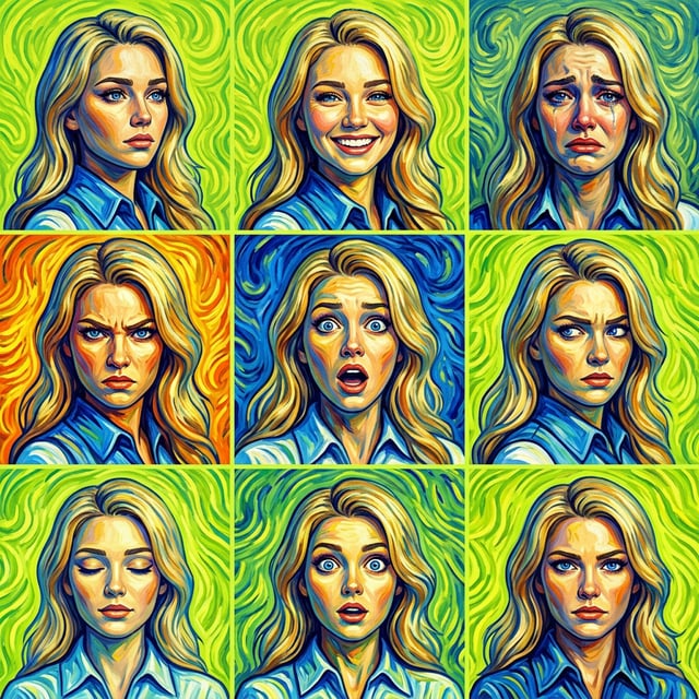Fine art painting post impressionist Van Gogh style portrait of a woman displaying nine different emotions with swirling backgrounds. post impressionist vangogh