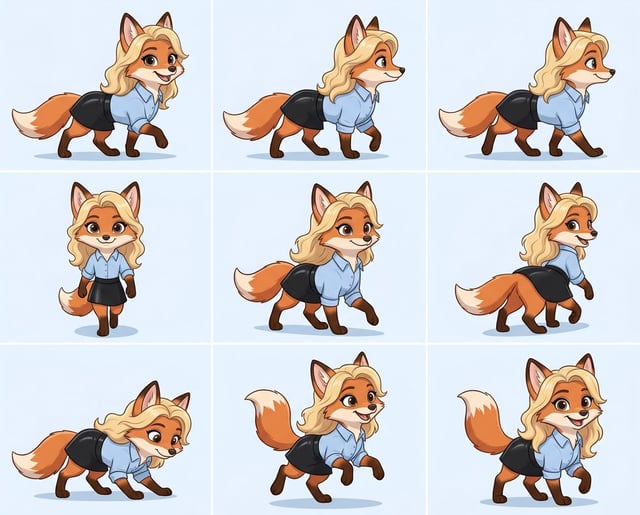 Character design tools show an anthropomorphic fox in an animal walk cycle sheet, dressed in a blue shirt and black skirt.