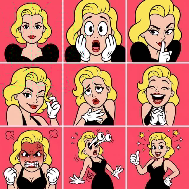 Cartoon style American classic cartoon montage of a blonde woman displaying various exaggerated emotions and expressions.