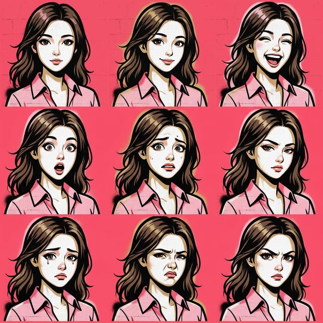 Street art cartoon style portraits of a young woman displaying various emotions, from joy to anger. art styles cartoon
