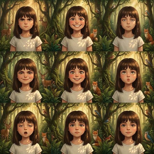Photo to glossy 3d cartoon expression grid of a girl showing various emotions in a lush forest setting with earthly wonders.