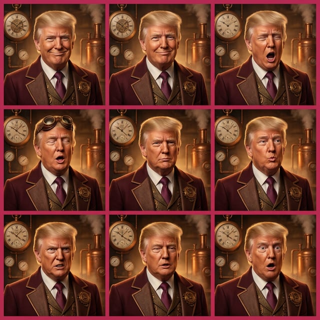 Photo to glossy 3d cartoon expression grid of Donald Trump in steampunk retro futurism style with varied facial expressions.