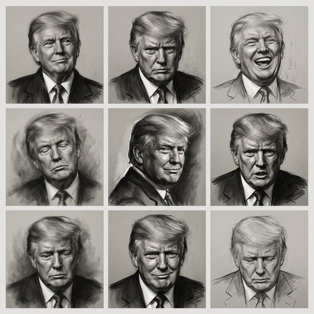 Sketch lineart charcoal smudge portraits of Donald Trump showing various expressions and moods in a grid layout.