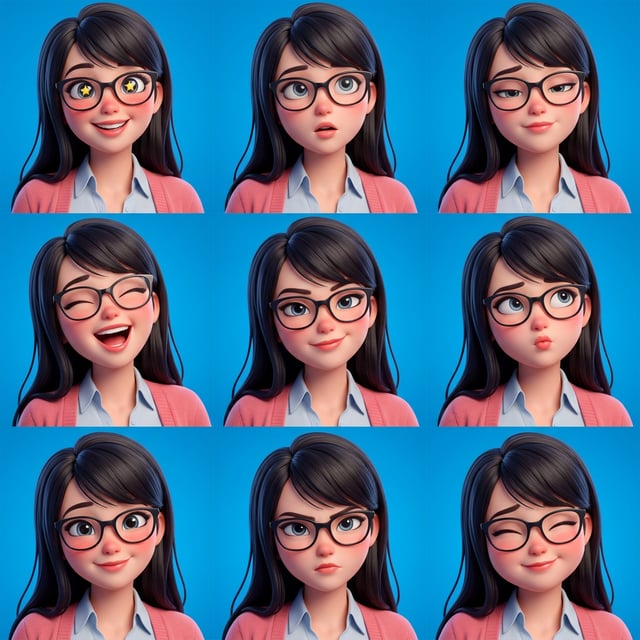 Photo to glossy 3d cartoon expression grid of a woman in a Pixar outfit showing various moods and emotions. pixar outfit mood variant