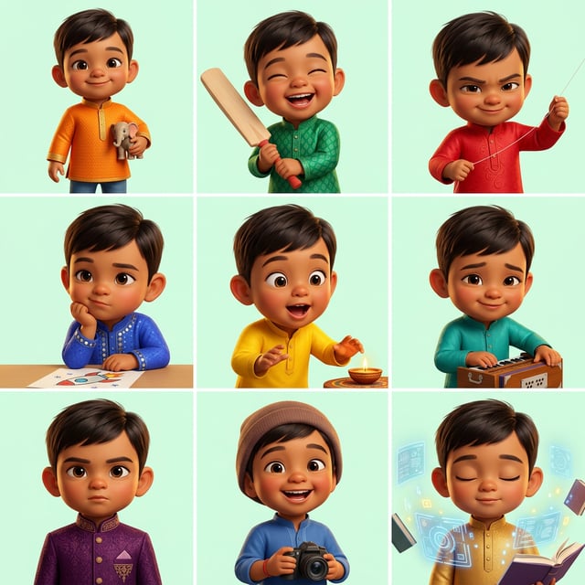 Pixar 3d cartoon boy south Asian boy collection featuring diverse activities and expressions in vibrant colors.