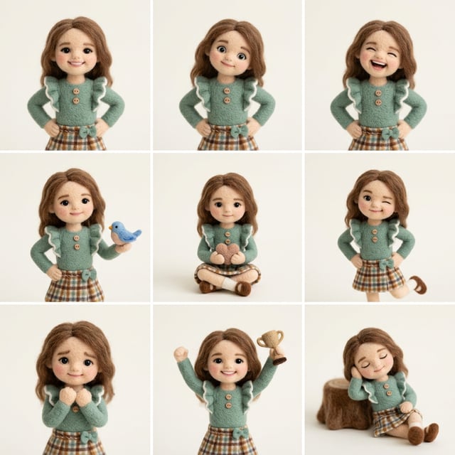 Toy figurine transformation needle felted wool miniature of a girl in various poses and expressions, holding a bird and trophy.
