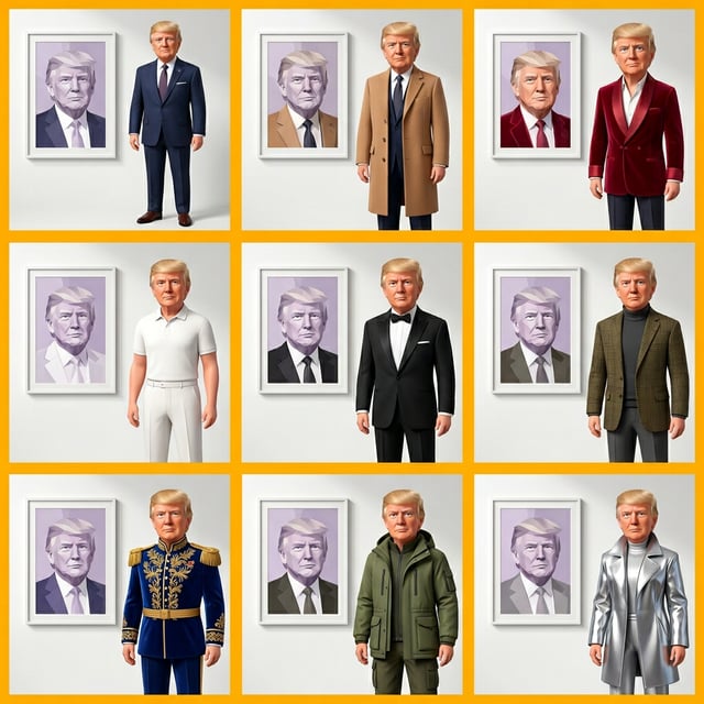Personal brand visual character wall portrait scene of Donald Trump in various outfits and poses, displayed in a grid.