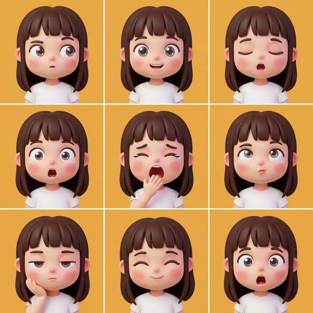 Photo to glossy 3D cartoon expression grid of a chibi girl showing various emotions against a yellow background.