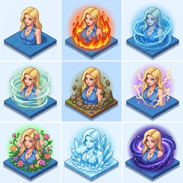 Game asset stylizer isometric game scene featuring a blonde woman with various elemental effects like fire, water, and lightning.