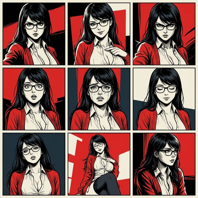 Book cover illustration in a fantasy epic style, showing a woman with glasses in various emotional poses. fantasy epic cover