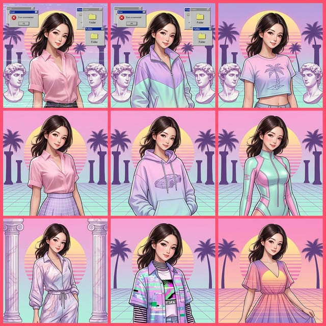 AI art movement vaporwave aesthetic portraits of stylish young women in retro outfits against a sunset grid background.