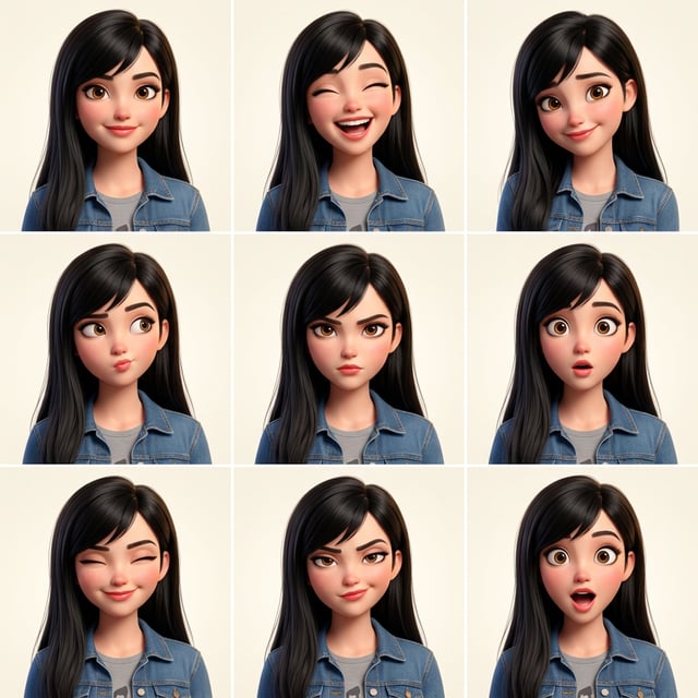 Pixar 3D cartoon girl American girl style portrait showcasing various expressive facial emotions and poses.