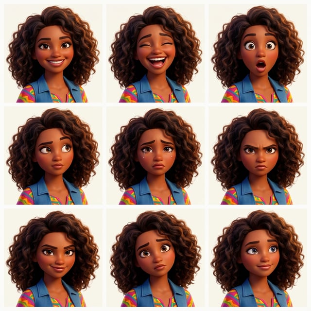 Pixar 3D cartoon girl showing various emotions, a Brazilian girl with curly hair and a colorful shirt.